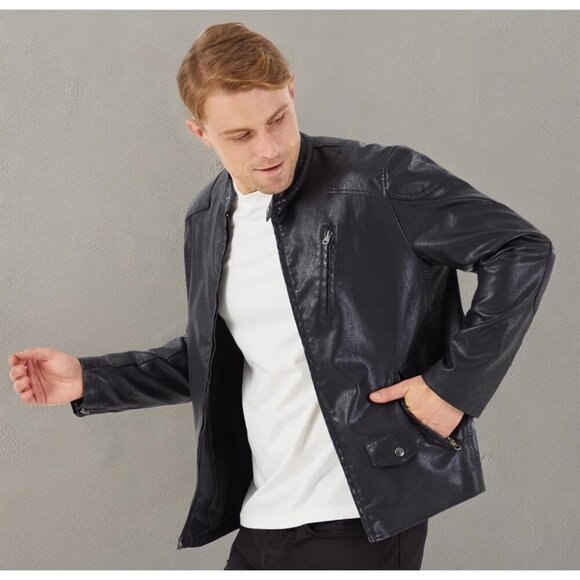 🆕 Men Black Stand Collar Leather Jacket Motorcycle Lightweight Faux Outwear - Picture 7 of 8